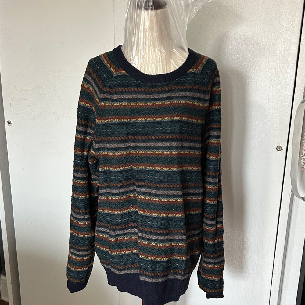 GAP Men's Striped Crewneck Sweater - Navy and Orange size medium